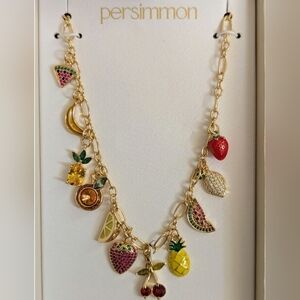 🔹️ Persimmon🔹️ Gold Tone Charm 16" Necklace with Colorful Fruit Accents ✨️🍍